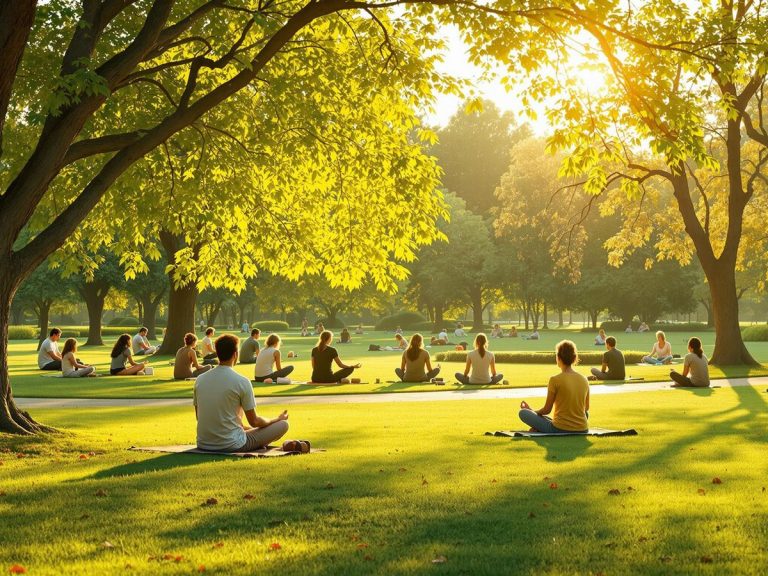 Peisaj liniștit cu oameni meditând în parc.