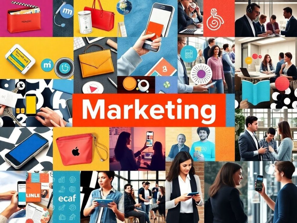 Colaj de elemente de marketing din diverse medii.