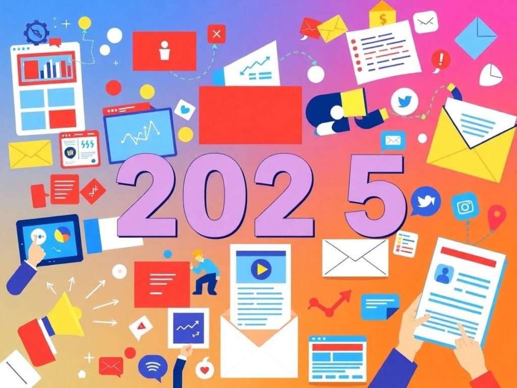 Colaj vibrant de strategii de marketing moderne.