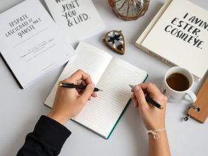 Persoană scriind într-un caiet cu o cană de cafea.