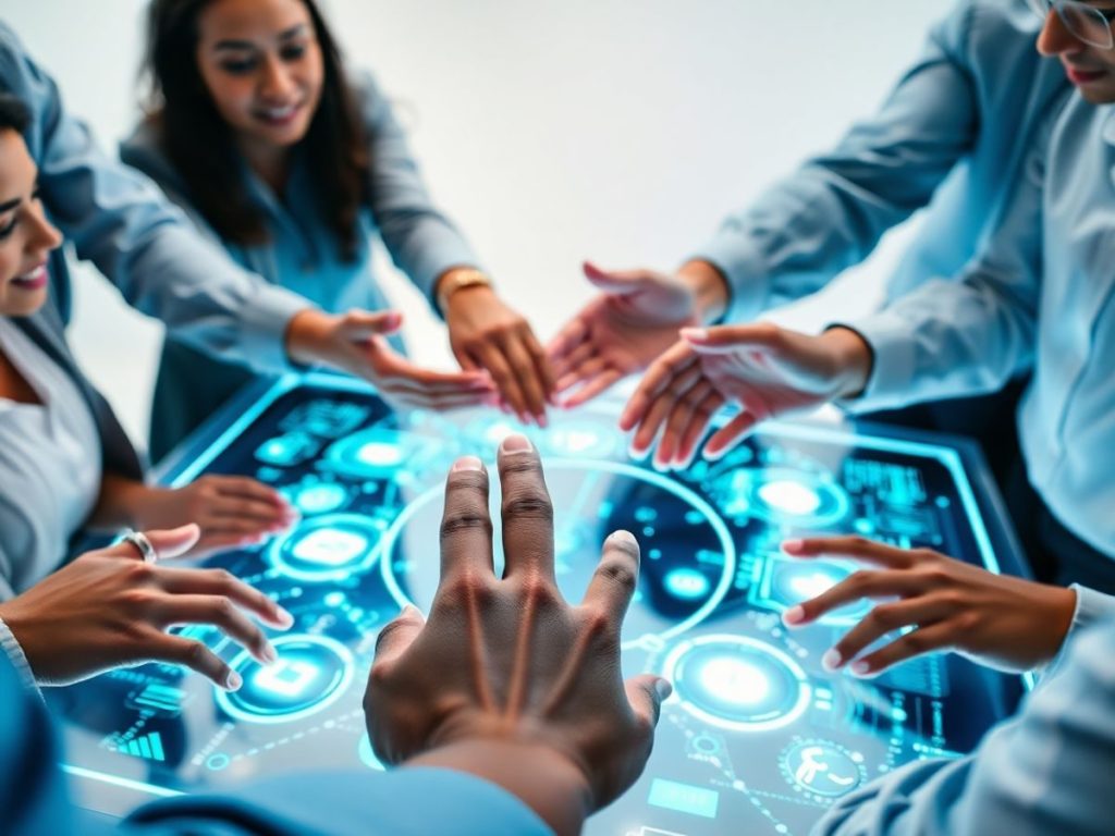 Oameni lucrează cu tehnologii digitale moderne