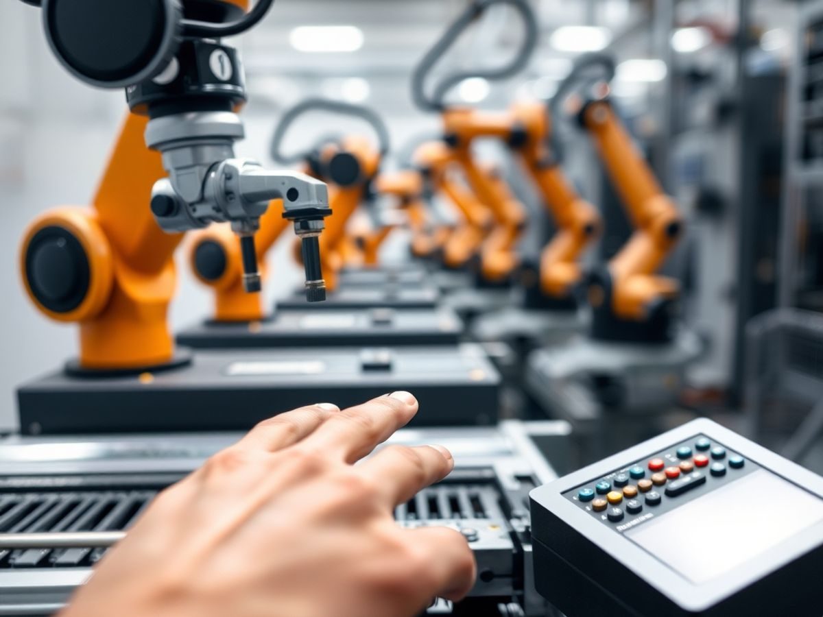 Roboți industriali asamblând produse, mâini umane supervizând.