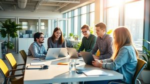 Echipă tânără colaborând la strategii de marketing digital.